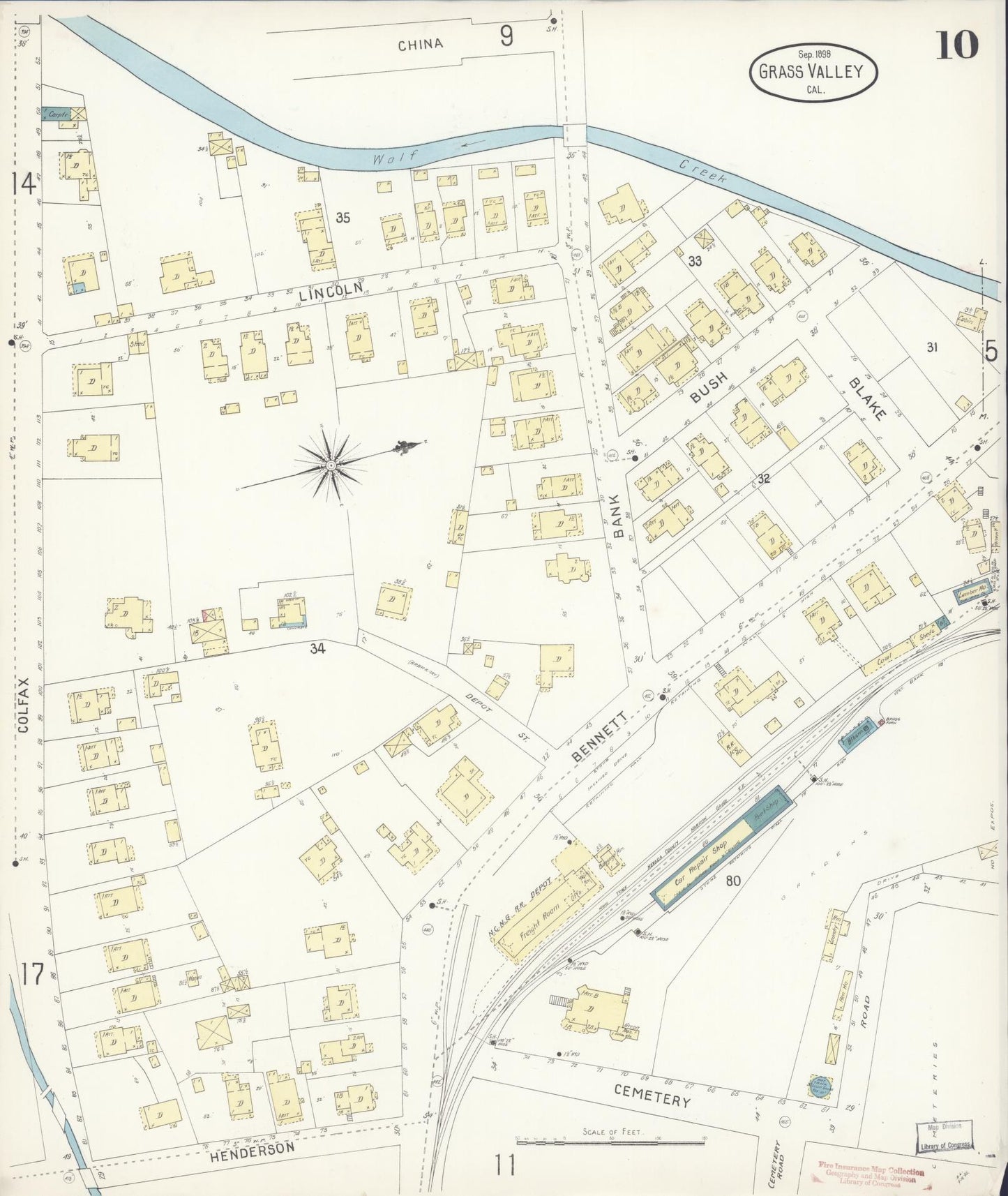 Sanborn Fire Insurance Map from Grass Valley, Nevada County, California (1898), Sheet #0010 - Historic Sanborn Fire Insurance Map Print, vintage old map wall art, antique decor, genealogy gift, Grass Valley Nevada map