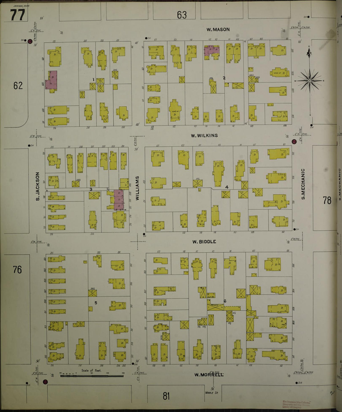 Sanborn Fire Insurance Map from Jackson, Jackson County, Michigan (1907), Sheet #0077 - Historic Sanborn Fire Insurance Map Print, vintage old map wall art, antique decor, genealogy gift, Michigan Michigan map