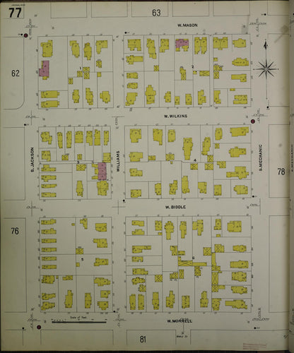 Sanborn Fire Insurance Map from Jackson, Jackson County, Michigan (1907), Sheet #0077 - Historic Sanborn Fire Insurance Map Print, vintage old map wall art, antique decor, genealogy gift, Michigan Michigan map