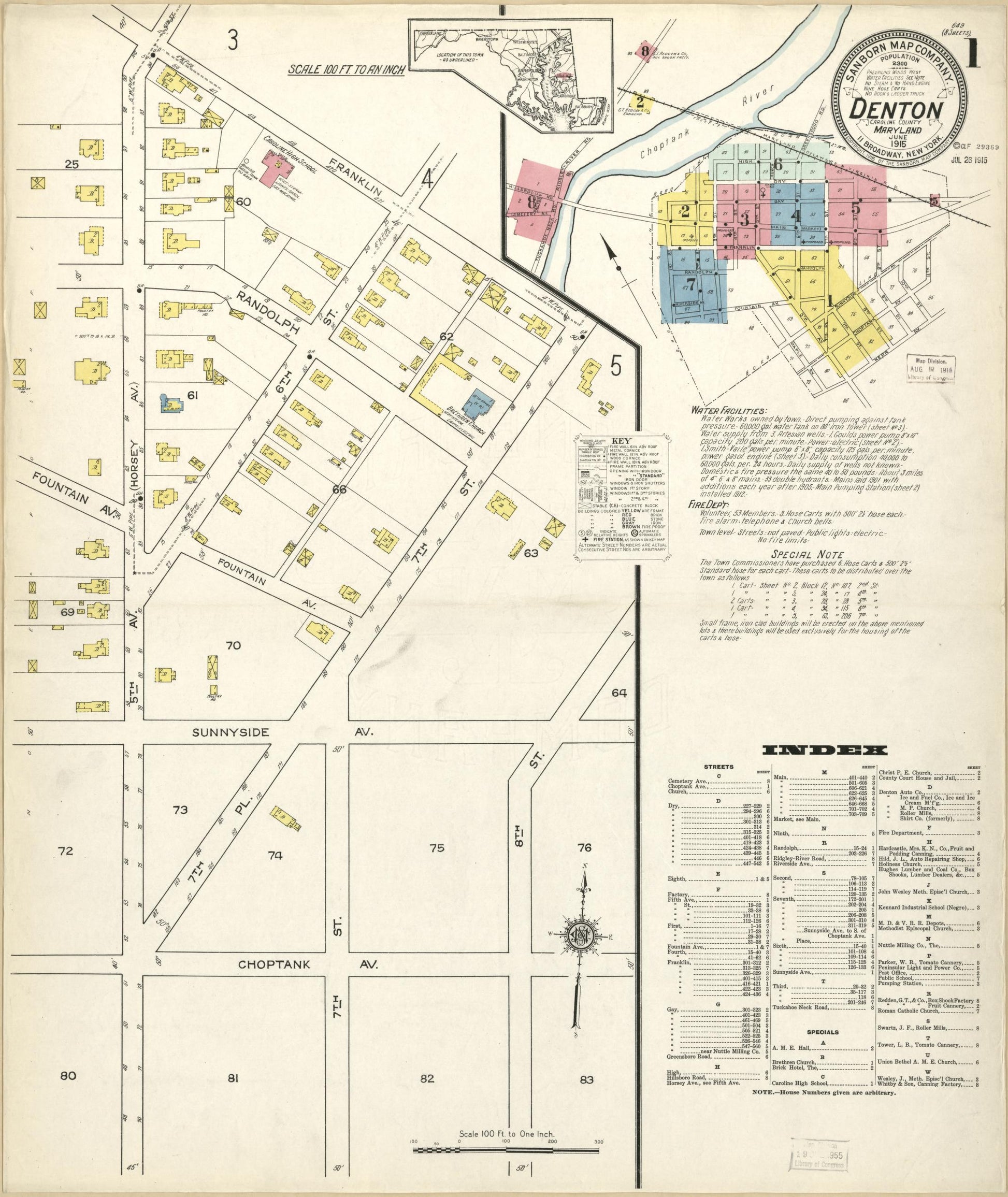 Sanborn Fire Insurance Map from Denton, Caroline County, Maryland (1915), Sheet #0001 - Historic Sanborn Fire Insurance Map Print, vintage old map wall art, antique decor, genealogy gift, Maryland Maryland map