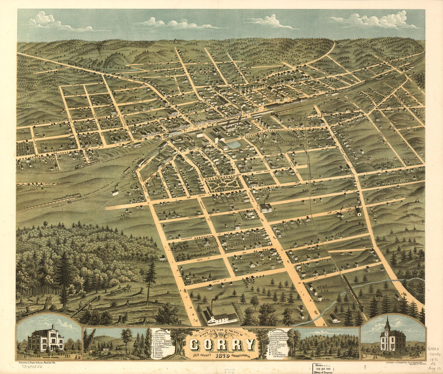 Bird's eye view of the city of Corry, Erie County, Pennsylvania 1870. (1870) – Historic Bird’s-Eye View Panorama Print