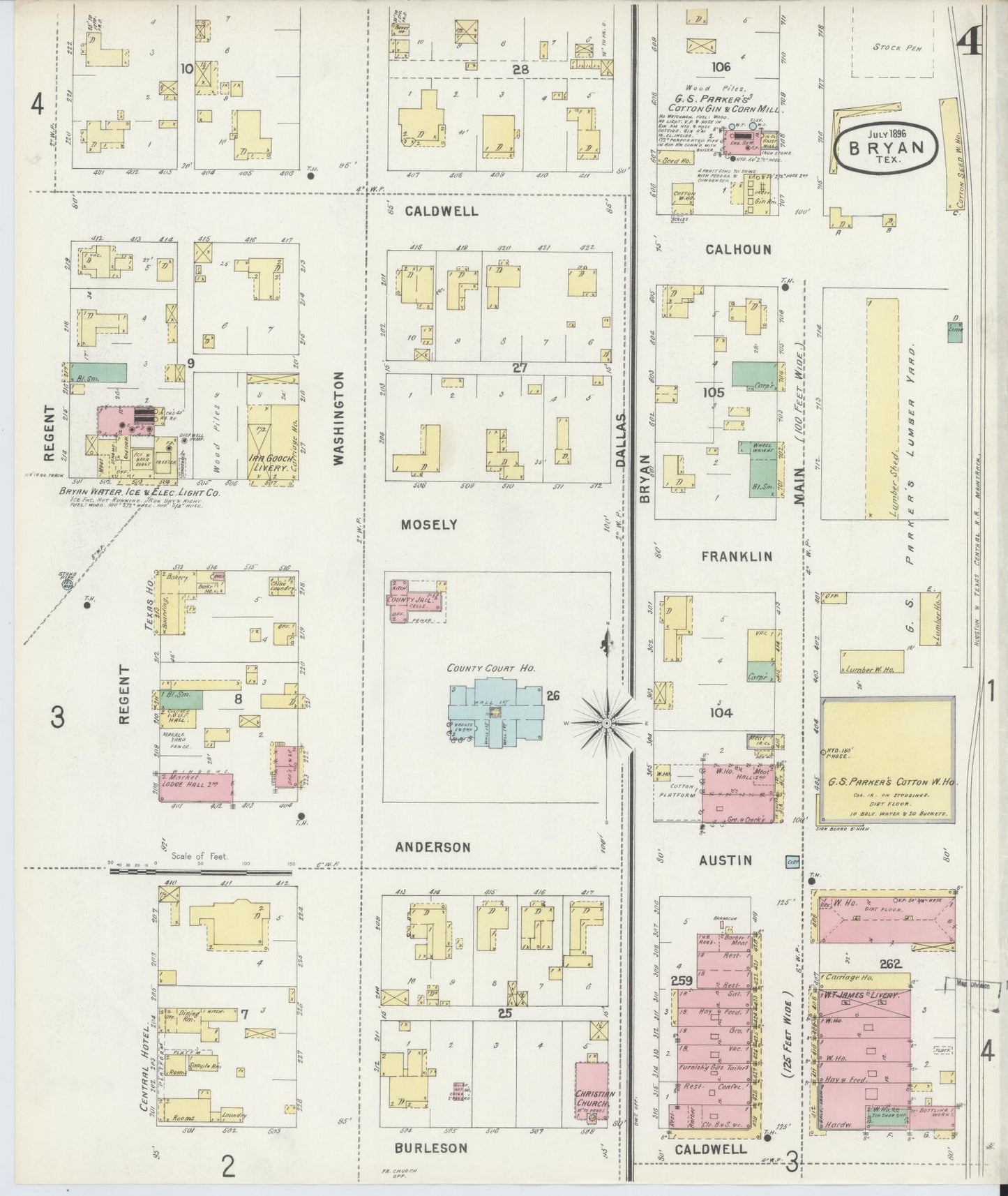 Sanborn Fire Insurance Map from Bryan, Brazos County, Texas (1896), Sheet #0004 - Historic Sanborn Fire Insurance Map Print, vintage old map wall art, antique decor, genealogy gift, Texas Texas map