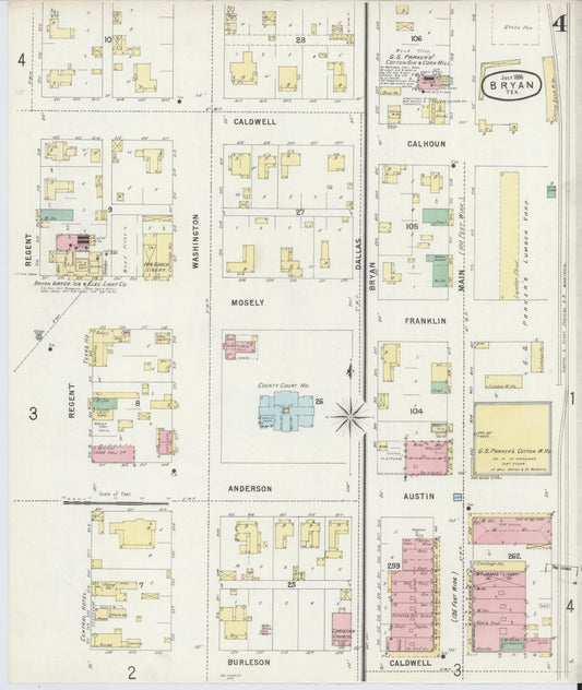 Sanborn Fire Insurance Map from Bryan, Brazos County, Texas (1896), Sheet #0004 - Historic Sanborn Fire Insurance Map Print, vintage old map wall art, antique decor, genealogy gift, Texas Texas map