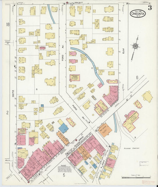 Sanborn Fire Insurance Map from Oneonta, Otsego County, New York (1916), Sheet #0003 - Historic Sanborn Fire Insurance Map Print, vintage old map wall art, antique decor, genealogy gift, New York New York map