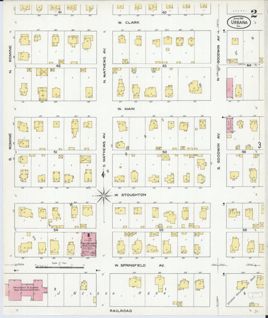 Sanborn Fire Insurance Map from Urbana, Champaign County, Illinois (1909), Sheet #0002 - Historic Sanborn Fire Insurance Map Print, vintage old map wall art, antique decor, genealogy gift, Illinois Illinois map