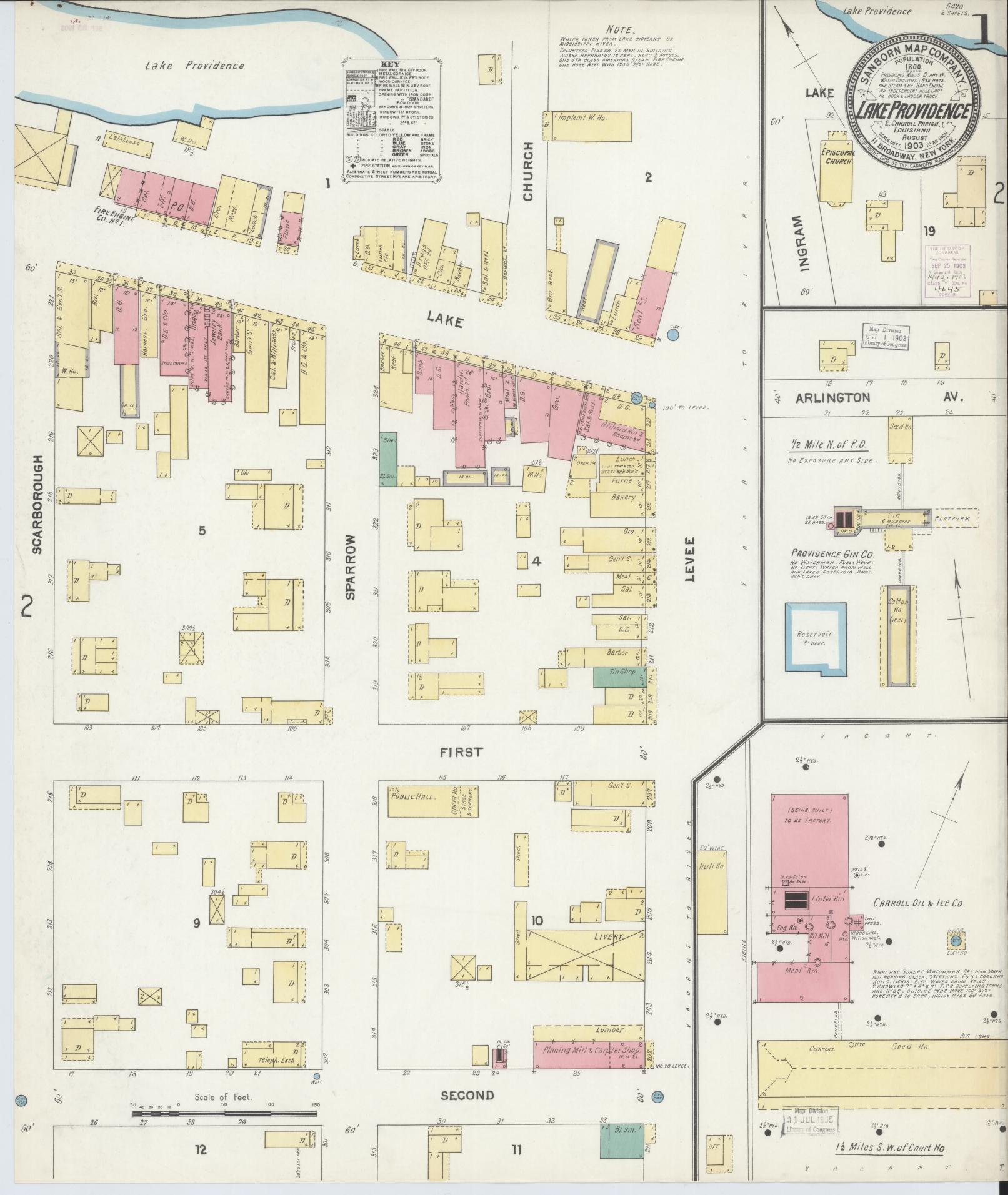 Sanborn Fire Insurance Map from Lake Providence, East Carroll Parish, Louisiana (1903), Sheet #0001 - Historic Sanborn Fire Insurance Map Print, vintage old map wall art, antique decor, genealogy gift, Louisiana Louisiana map