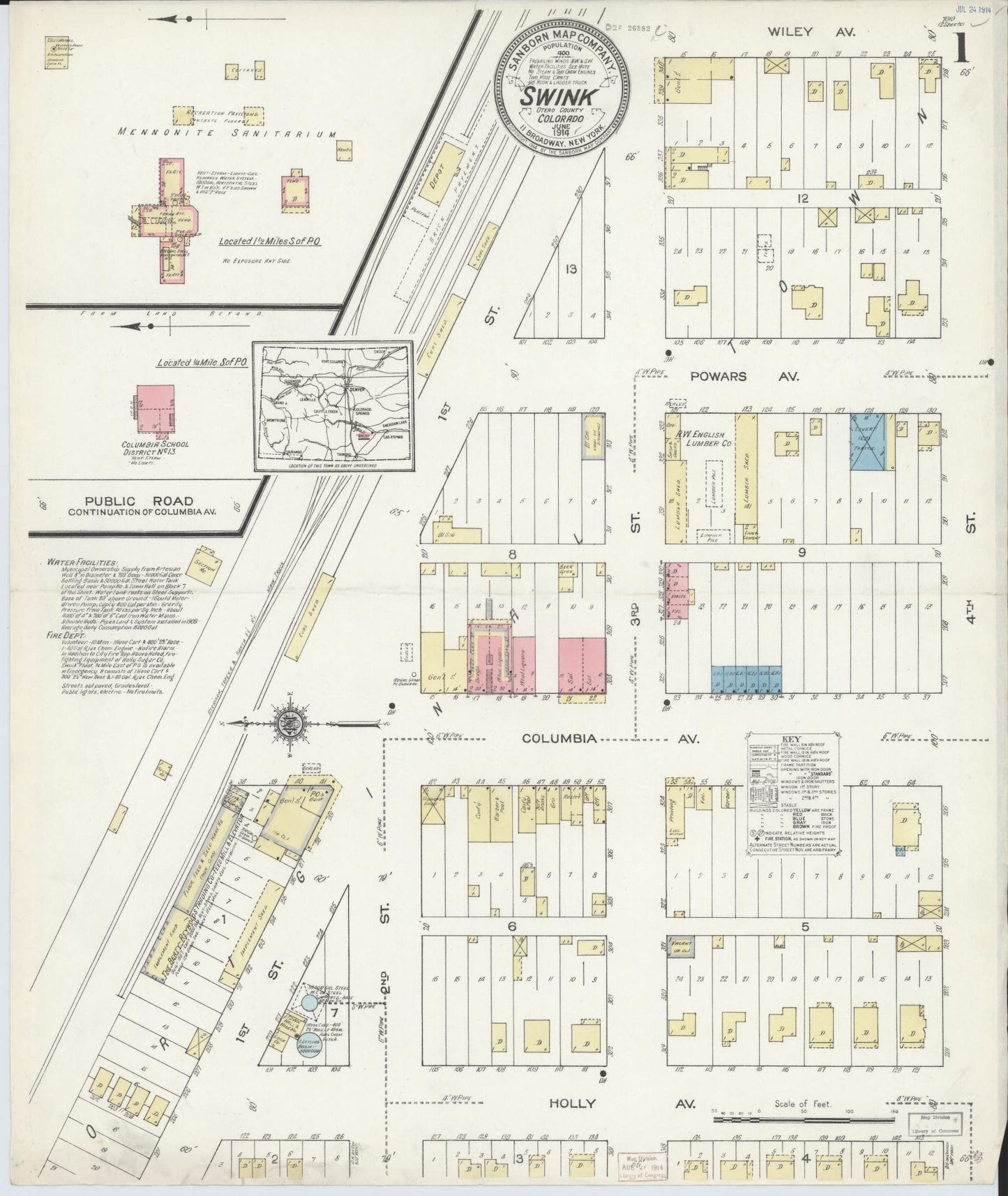 Sanborn Fire Insurance Map from Swink, Otero County, Colorado (1914), Sheet #0001 - Complete Map Set gallery image, historic Sanborn map, vintage wall art, Colorado Colorado