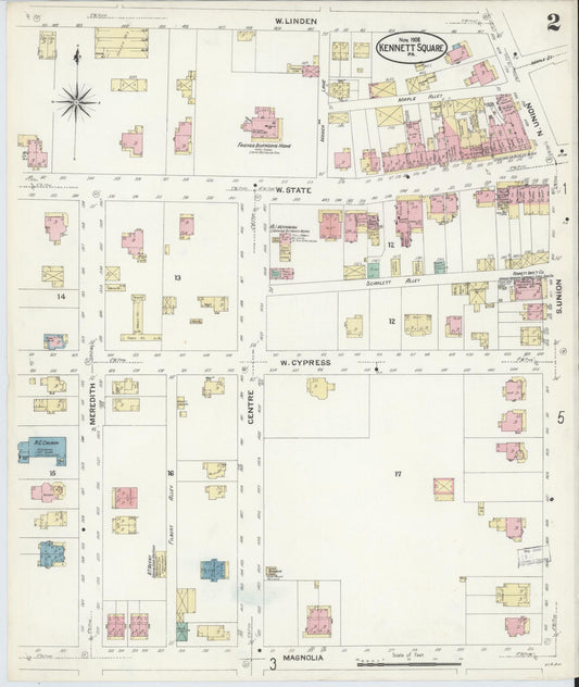 Sanborn Fire Insurance Map from Kennett Square, Chester County, Pennsylvania (1908), Sheet #0002 - Historic Sanborn Fire Insurance Map Print, vintage old map wall art, antique decor, genealogy gift, Pennsylvania Pennsylvania map