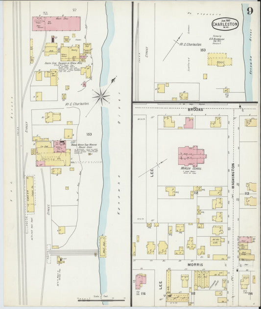 Sanborn Fire Insurance Map from Charleston, Kanawha County, West Virginia (1897), Sheet #0009 - Historic Sanborn Fire Insurance Map Print, vintage old map wall art, antique decor, genealogy gift, West Virginia West Virginia map