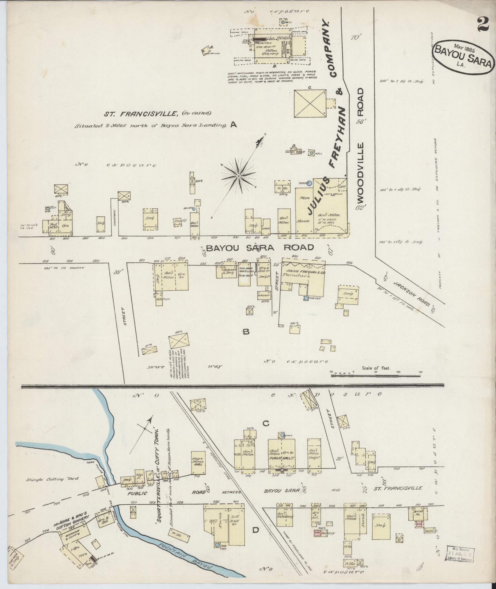 Sanborn Fire Insurance Map from Bayou Sara, West Feliciana Parish, Louisiana (1885), Sheet #0002 - Historic Sanborn Fire Insurance Map Print, vintage old map wall art, antique decor, genealogy gift, Louisiana Louisiana map