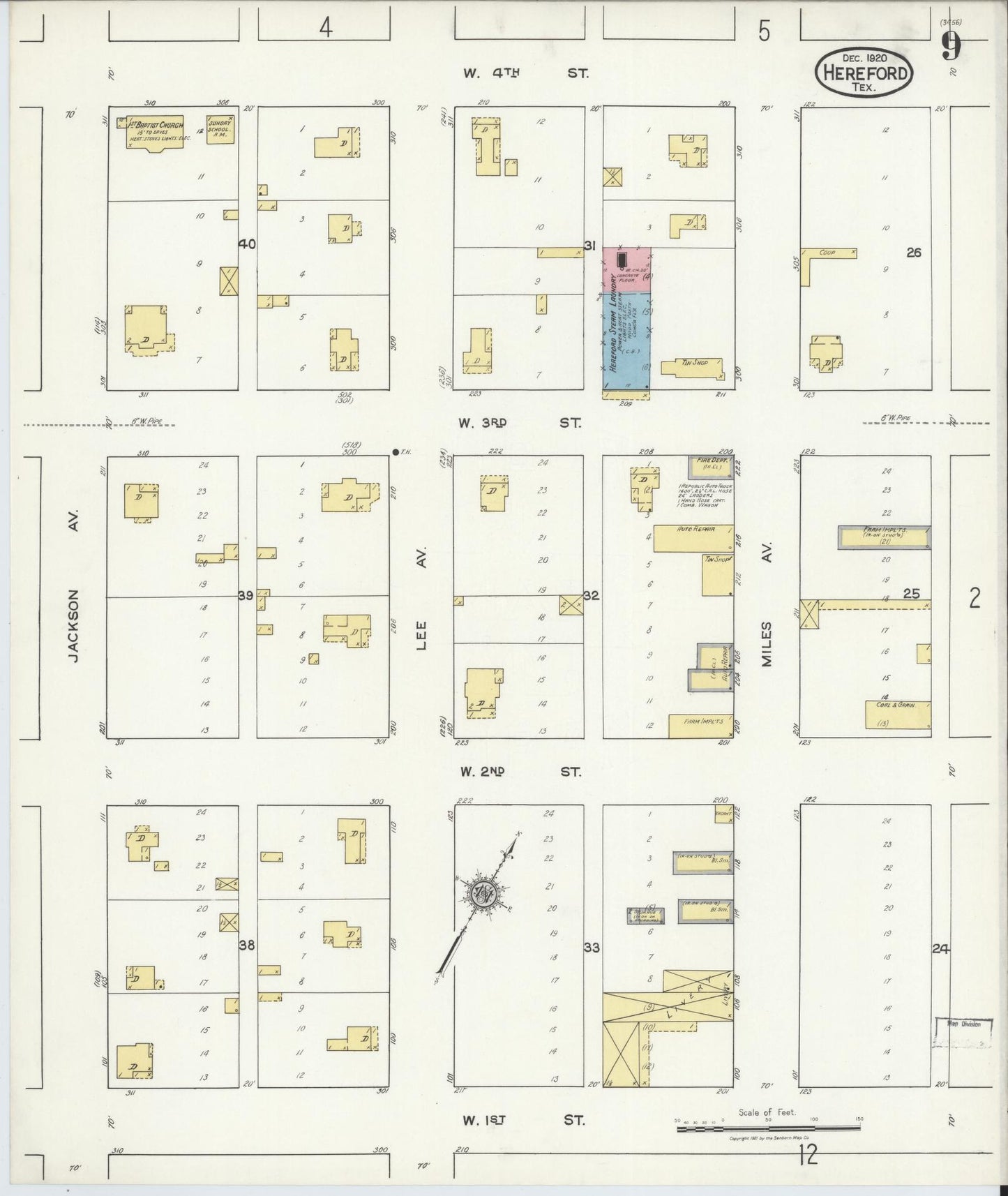 Sanborn Fire Insurance Map from Hereford, Deaf Smith County, Texas (1920), Sheet #0009 - Complete Map Set gallery image, historic Sanborn map, vintage wall art, Texas Texas