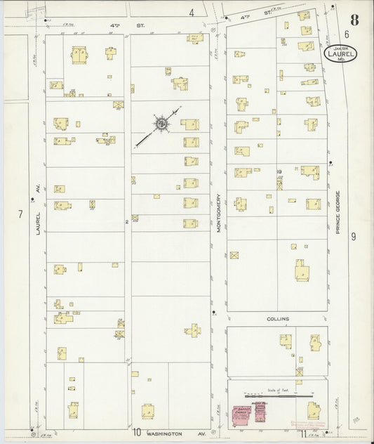 Sanborn Fire Insurance Map from Laurel, Prince Georges County, Maryland (1914), Sheet #0008 - Historic Sanborn Fire Insurance Map Print, vintage old map wall art, antique decor, genealogy gift, Maryland Maryland map