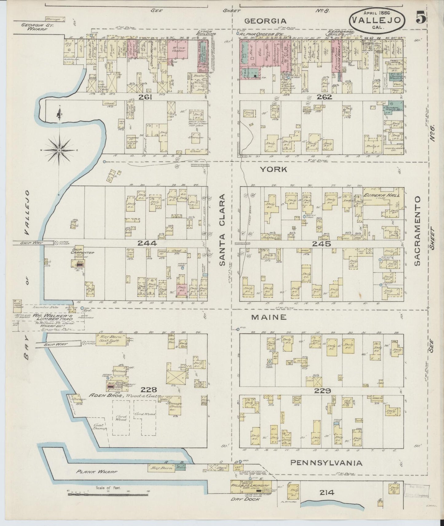 Sanborn Fire Insurance Map from Vallejo, Solano County, California (1886), Sheet #0005 - Complete Map Set gallery image, historic Sanborn map, vintage wall art, California California