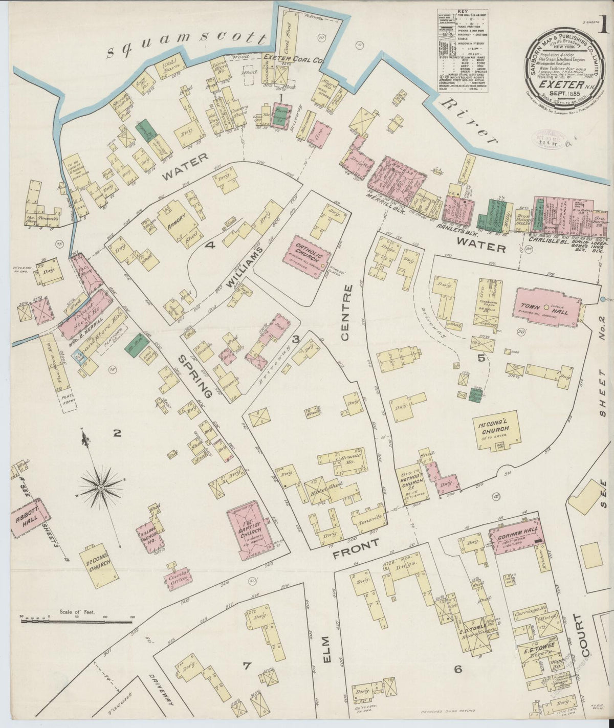 Sanborn Fire Insurance Map from Exeter, Rockingham County, New Hampshire (1885), Sheet #0001 - Historic Sanborn Fire Insurance Map Print, vintage old map wall art, antique decor, genealogy gift, New Hampshire New Hampshire map