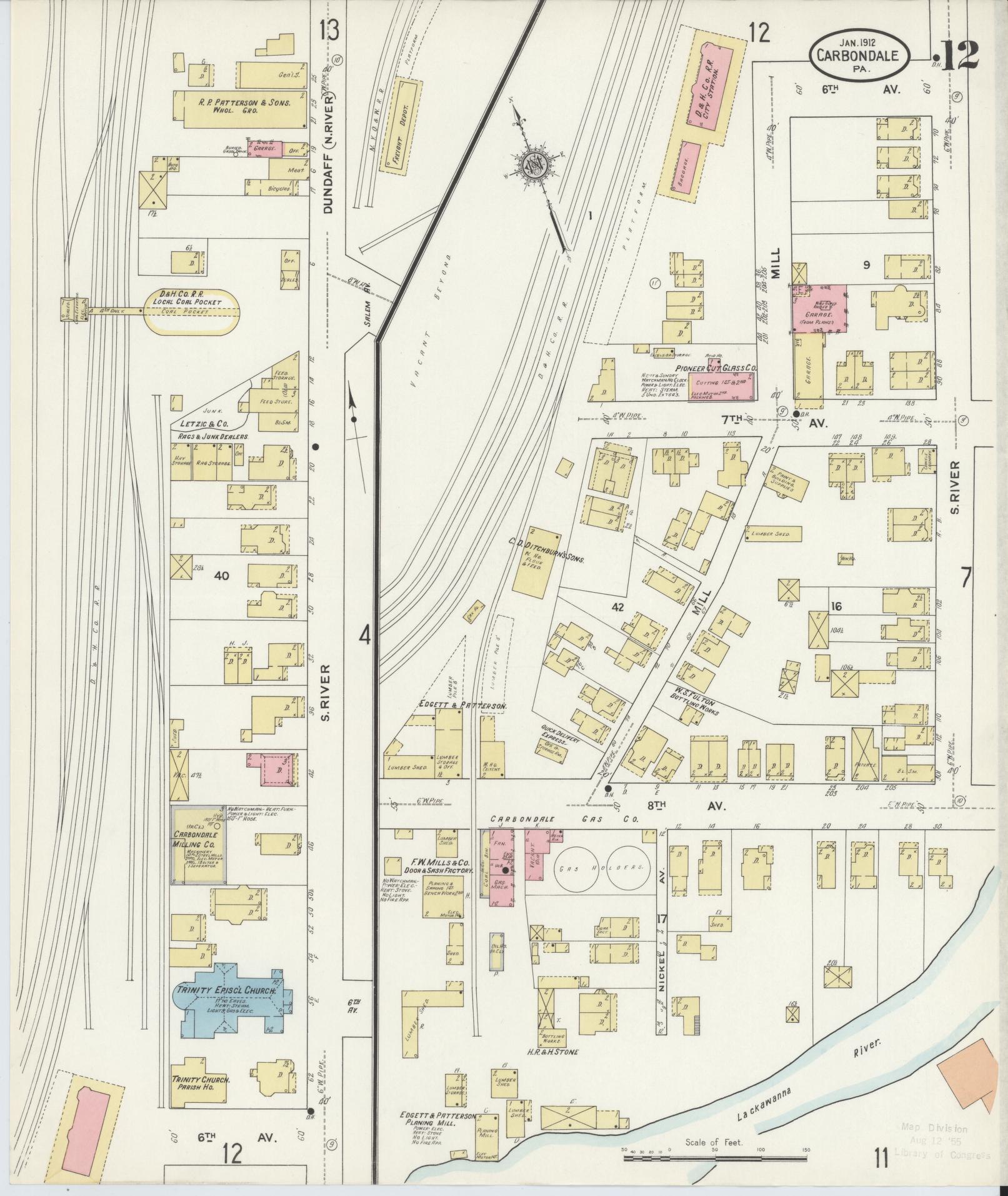 Sanborn Fire Insurance Map from Carbondale, Lackawanna County, Pennsylvania (1912), Sheet #0012 - Historic Sanborn Fire Insurance Map Print, vintage old map wall art, antique decor, genealogy gift, Pennsylvania Pennsylvania map
