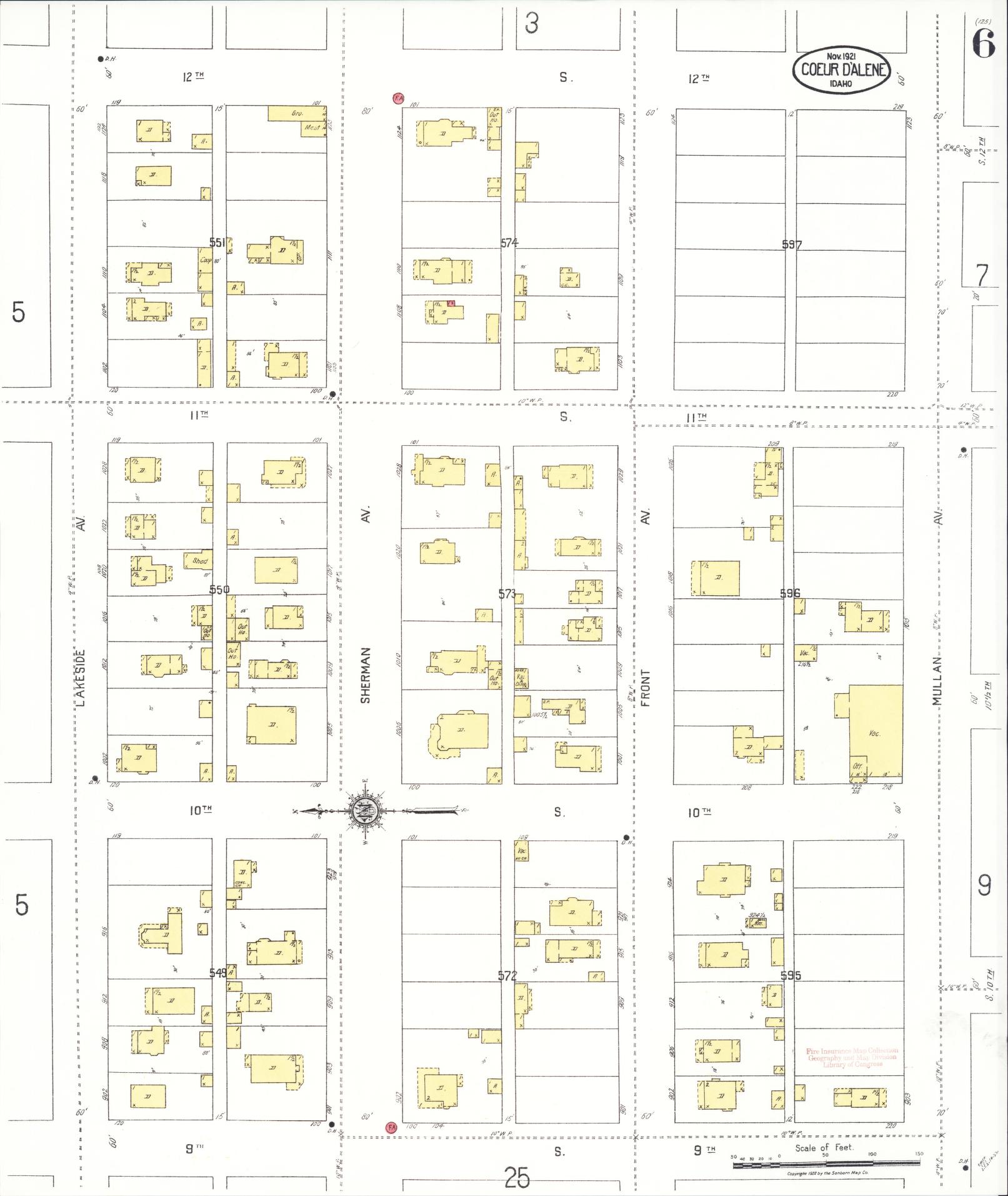 Sanborn Fire Insurance Map from Coeur D'alene, Kootenai County, Idaho (1921), Sheet #0006 - Complete Map Set gallery image, historic Sanborn map, vintage wall art, Idaho Idaho