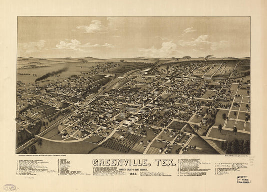 Greenville, Tex., county seat of Hunt County 1886. (1886) – Historic Bird’s-Eye View Panorama Print