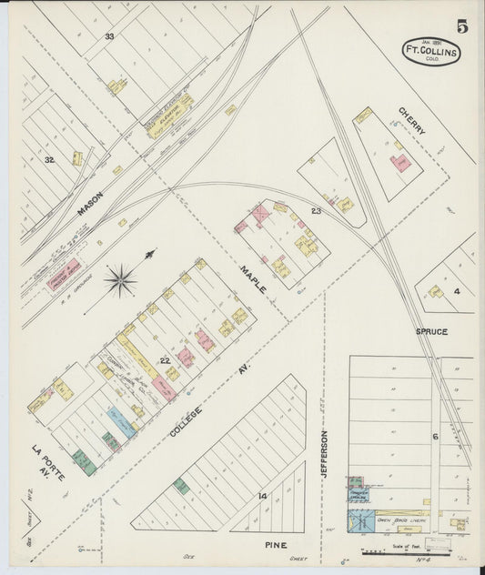 Sanborn Fire Insurance Map from Fort Collins, Larimer County, Colorado (1891), Sheet #0005 - Historic Sanborn Fire Insurance Map Print, vintage old map wall art, antique decor, genealogy gift, Colorado Colorado map