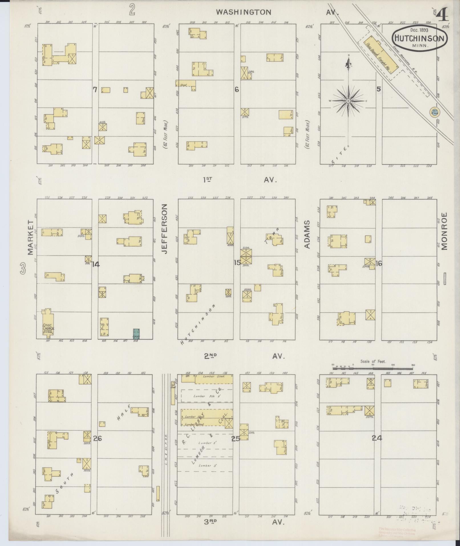 Sanborn Fire Insurance Map from Hutchinson, Mcleod County, Minnesota (1893), Sheet #0004 - Complete Map Set gallery image, historic Sanborn map, vintage wall art, Minnesota Minnesota