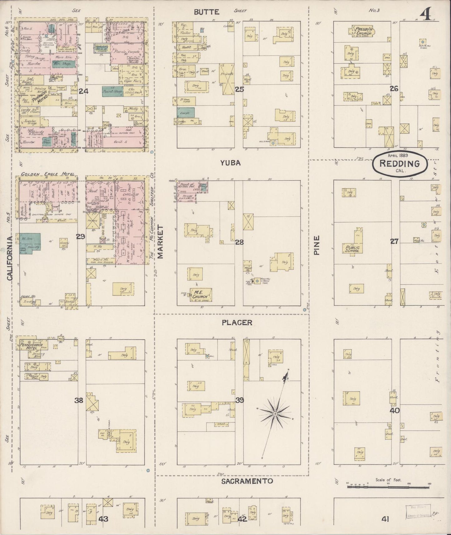 Sanborn Fire Insurance Map from Redding, Shasta County, California (1889), Sheet #0004 - Complete Map Set gallery image, historic Sanborn map, vintage wall art, California California