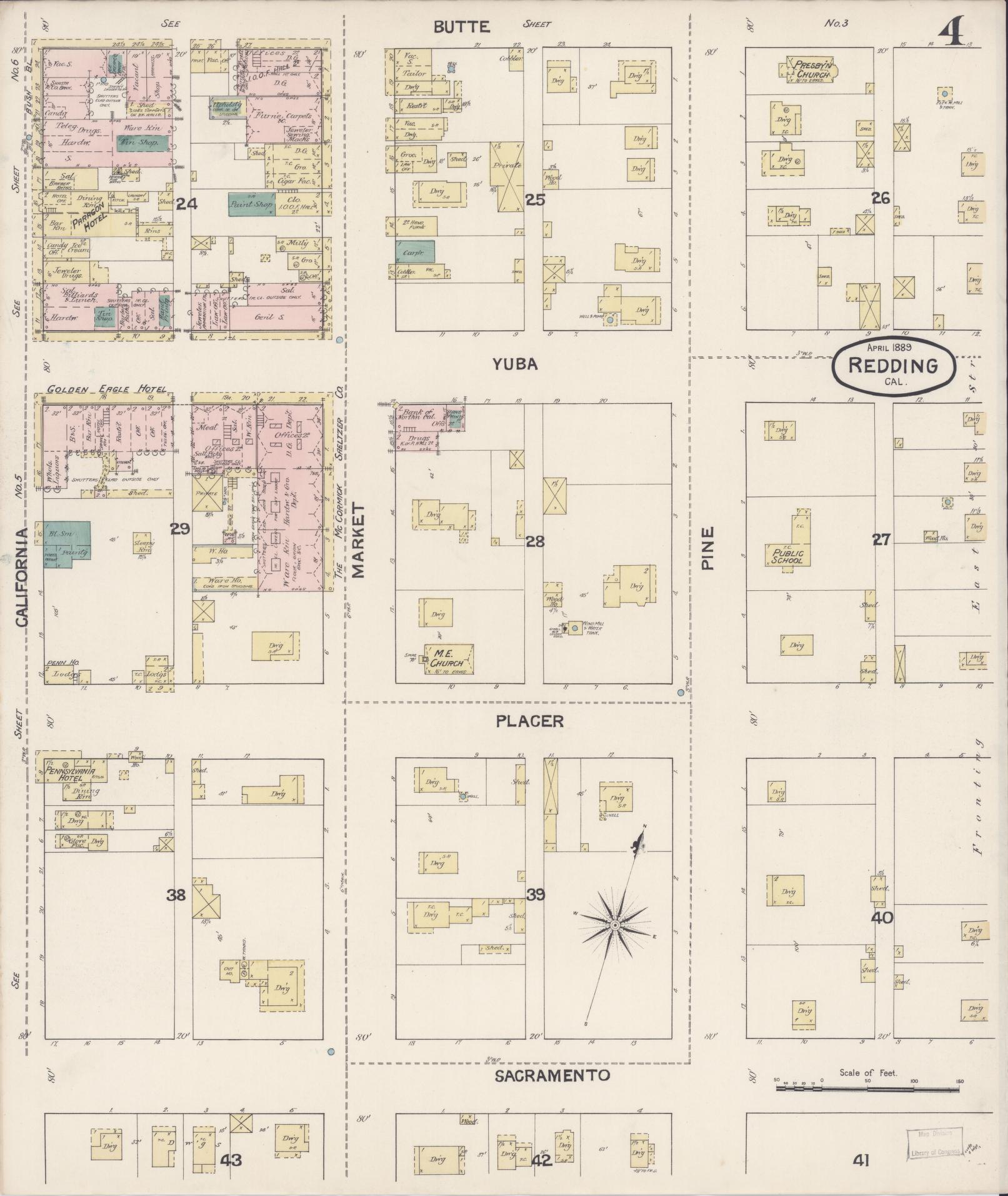 Sanborn Fire Insurance Map from Redding, Shasta County, California (1889), Sheet #0004 - Complete Map Set gallery image, historic Sanborn map, vintage wall art, California California