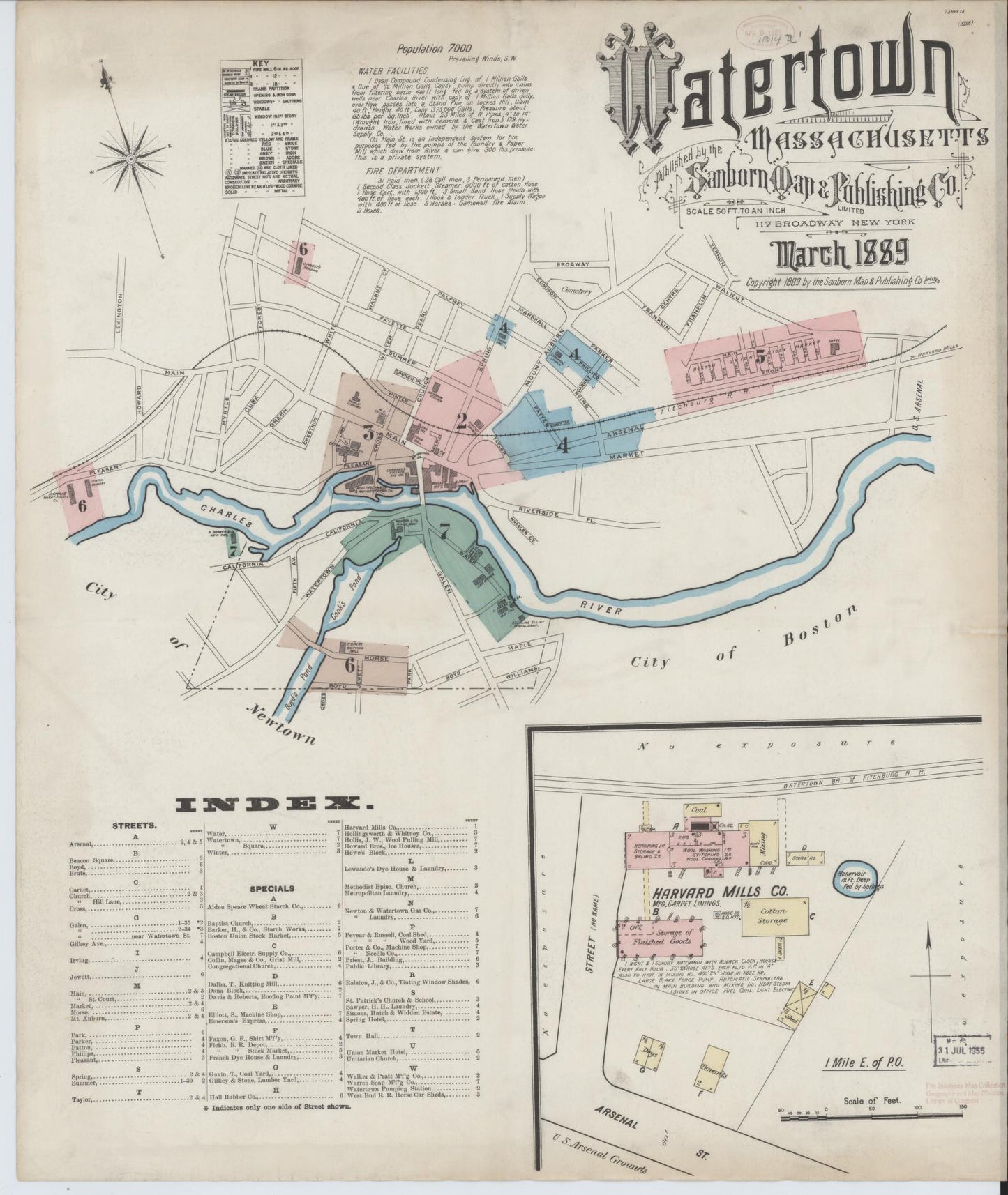 Sanborn Fire Insurance Map from Watertown, Middlesex County, Massachusetts (1889), Sheet #0001 - Historic Sanborn Fire Insurance Map Print, vintage old map wall art, antique decor, genealogy gift, Massachusetts Massachusetts map