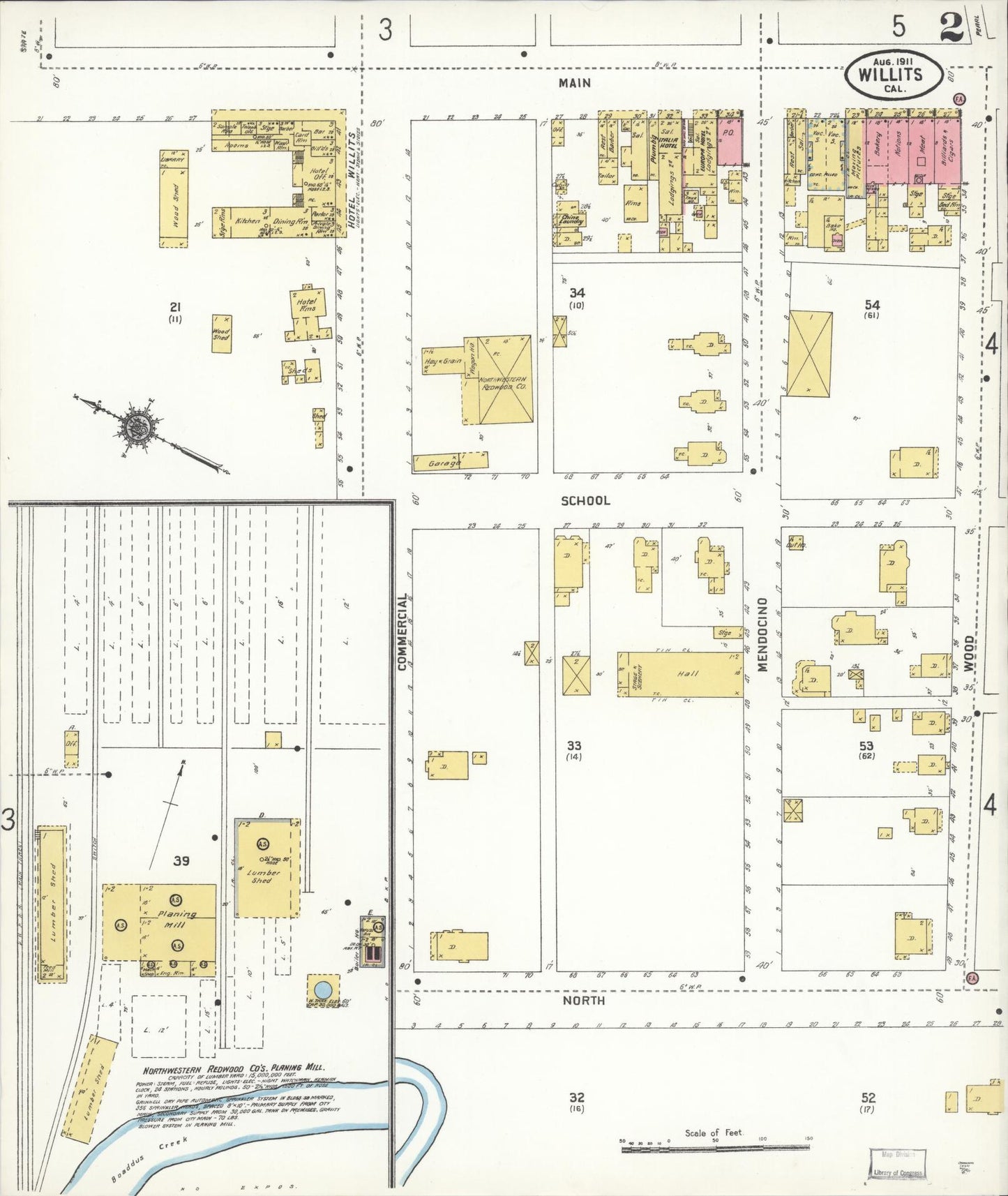 Sanborn Fire Insurance Map from Willits, Mendocino County, California (1911), Sheet #0002 - Complete Map Set gallery image, historic Sanborn map, vintage wall art, California California