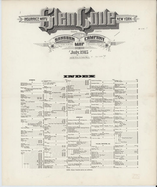 Sanborn Fire Insurance Map from Glen Cove, Nassau County, New York (1915), Sheet #0001 - Historic Sanborn Fire Insurance Map Print, vintage old map wall art, antique decor, genealogy gift, New York New York map