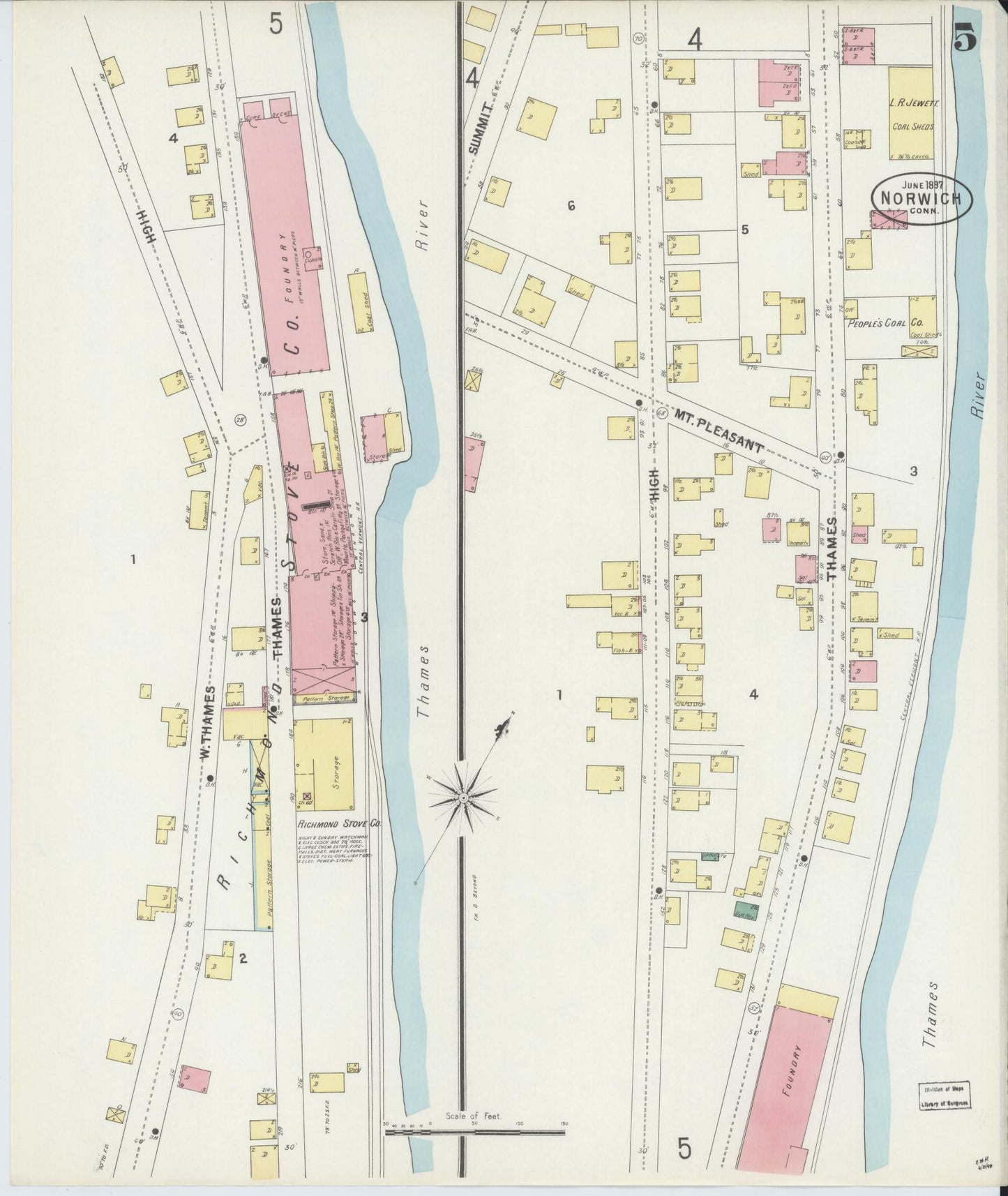 Sanborn Fire Insurance Map from Norwich, New London County, Connecticut (1897), Sheet #0005 - Complete Map Set gallery image, historic Sanborn map, vintage wall art, Connecticut Connecticut