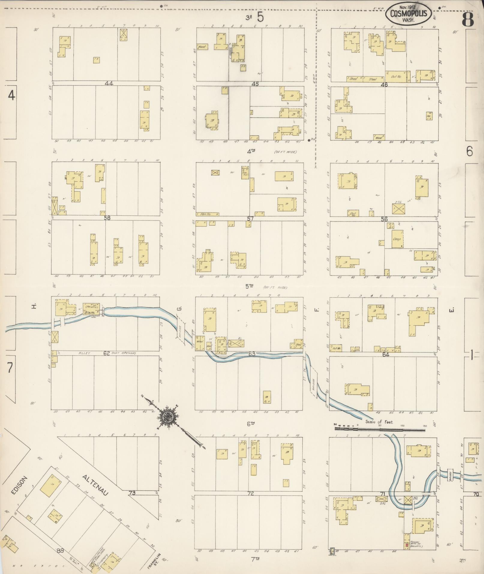 Sanborn Fire Insurance Map from Cosmopolis, Grays Harbor County, Washington (1912), Sheet #0008 - Complete Map Set gallery image, historic Sanborn map, vintage wall art, Washington Washington