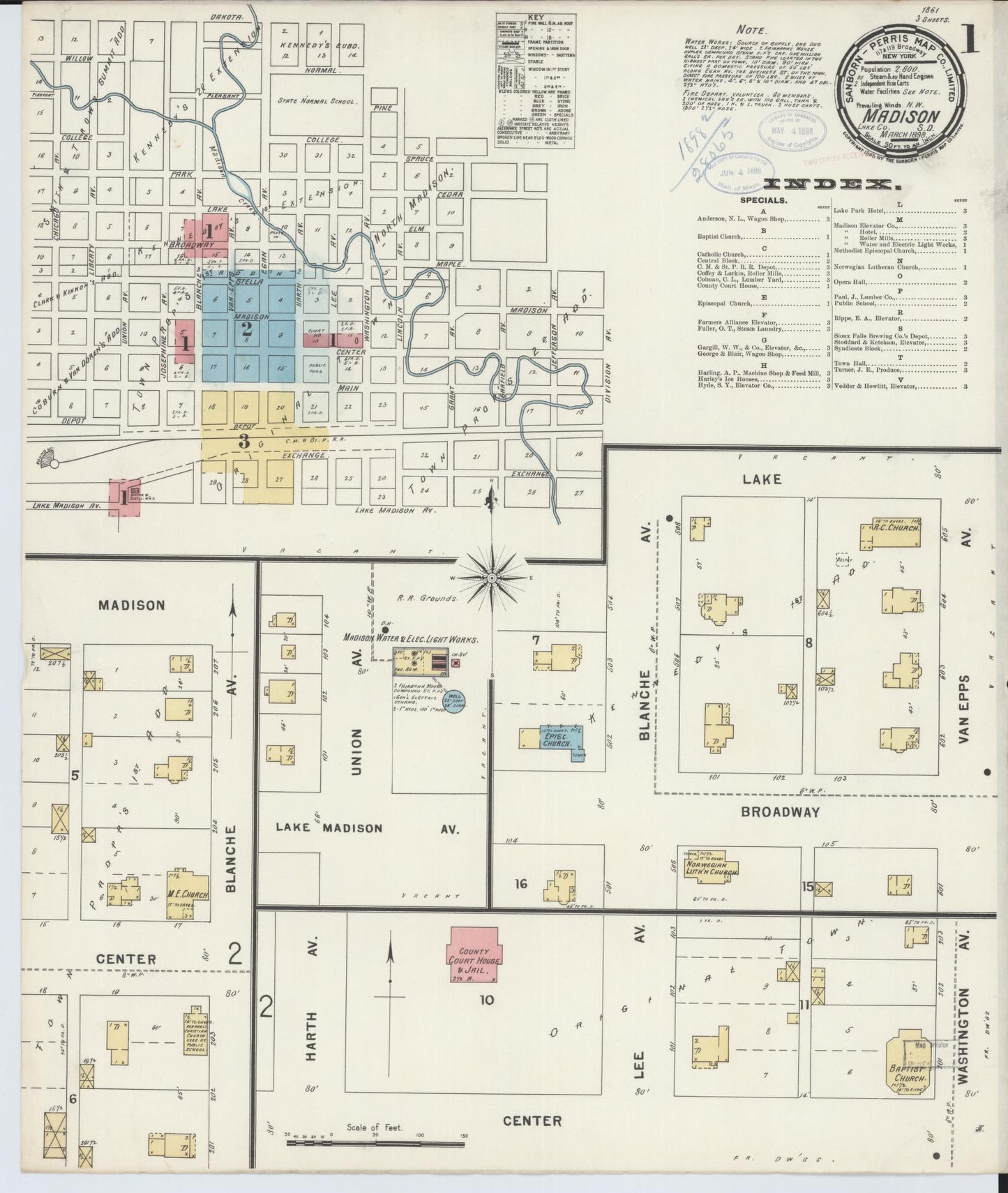 Sanborn Fire Insurance Map from Madison, Lake County, South Dakota (1898), Sheet #0001 - Historic Sanborn Fire Insurance Map Print, vintage old map wall art, antique decor, genealogy gift, South Dakota South Dakota map