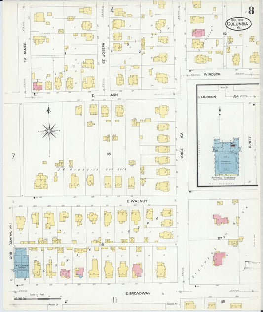Sanborn Fire Insurance Map from Columbia, Boone County, Missouri (1908), Sheet #0008 - Historic Sanborn Fire Insurance Map Print, vintage old map wall art, antique decor, genealogy gift, Missouri Missouri map