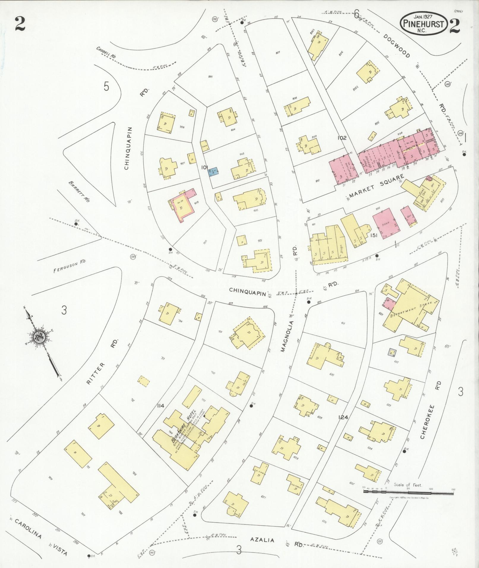 Sanborn Fire Insurance Map from Pinehurst, Moore County, North Carolina (1927), Sheet #0002 - Historic Sanborn Fire Insurance Map Print, vintage old map wall art, antique decor, genealogy gift, North Carolina North Carolina map