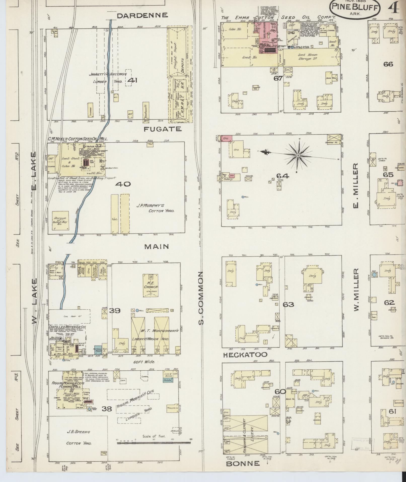 Sanborn Fire Insurance Map from Pine Bluff, Jefferson County, Arkansas (1885), Sheet #0004 - Historic Sanborn Fire Insurance Map Print, vintage old map wall art, antique decor, genealogy gift, Arkansas Arkansas map