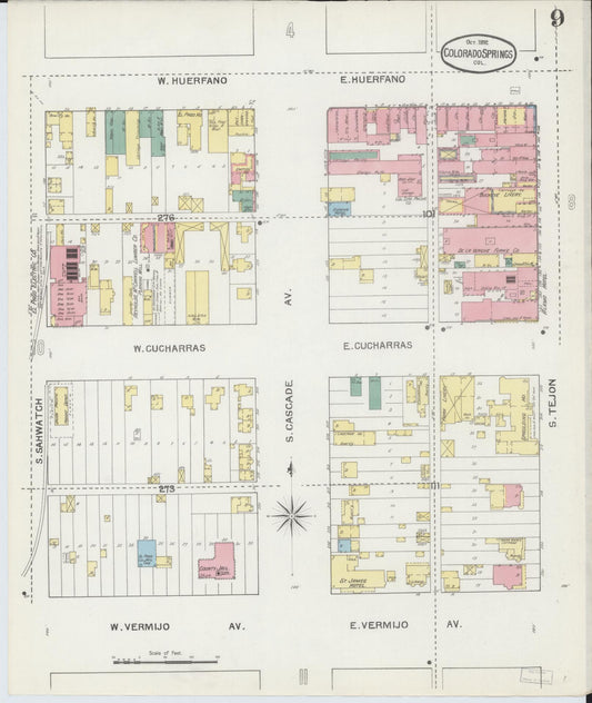 Sanborn Fire Insurance Map from Colorado Springs, El Paso County, Colorado (1892), Sheet #0009 - Historic Sanborn Fire Insurance Map Print, vintage old map wall art, antique decor, genealogy gift, Colorado Colorado map