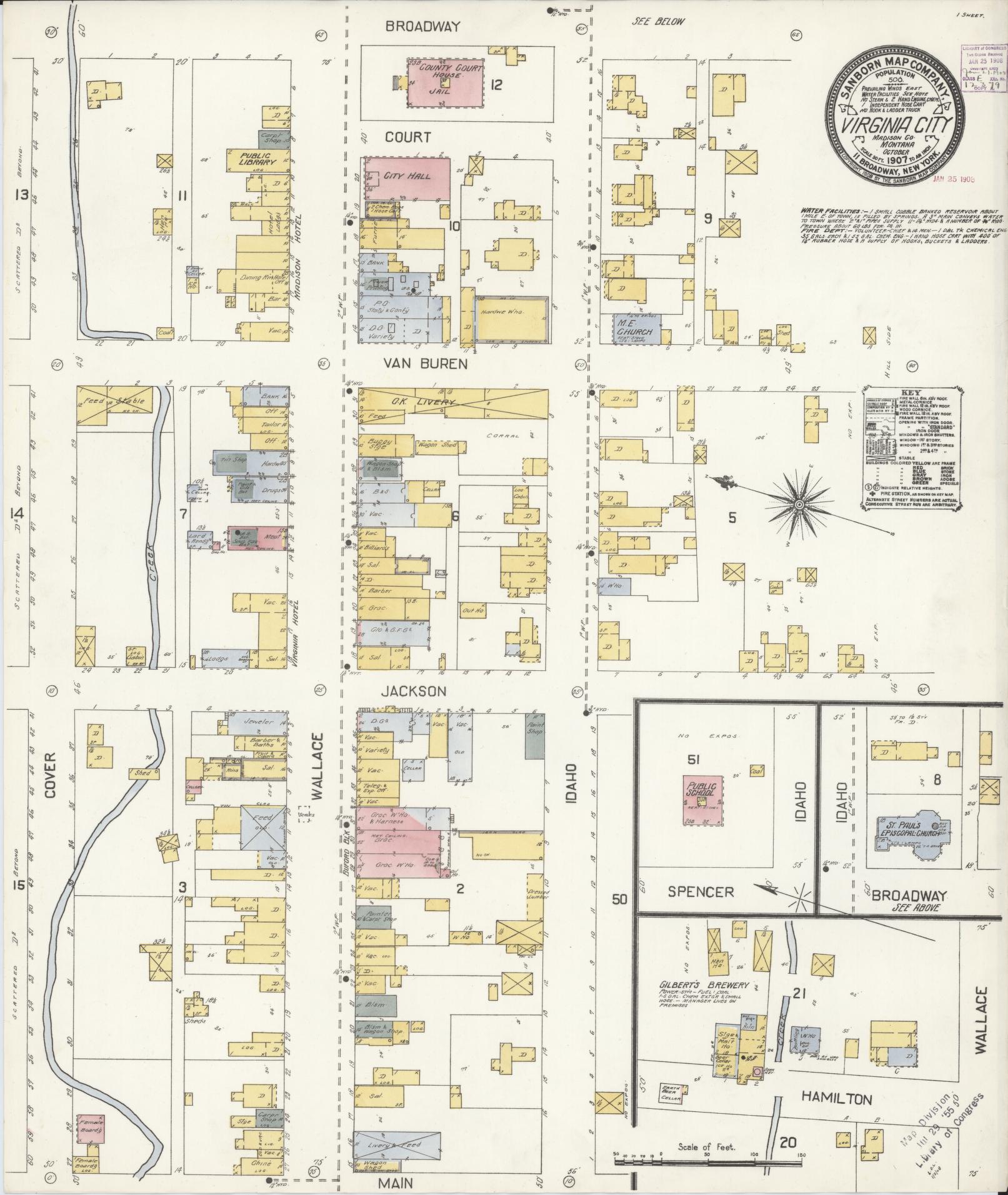 Sanborn Fire Insurance Map from Virginia City, Madison County, Montana (1907), Sheet #0001 - Historic Sanborn Fire Insurance Map Print, vintage old map wall art, antique decor, genealogy gift, Montana Montana map