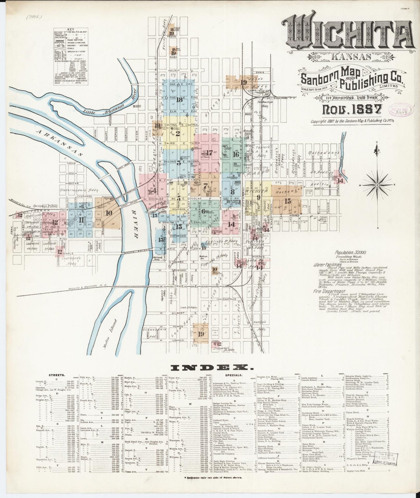 Sanborn Fire Insurance Map from Wichita, Sedgwick County, Kansas (1887), Sheet #0001 - Historic Sanborn Fire Insurance Map Print, vintage old map wall art, antique decor, genealogy gift, Kansas Kansas map