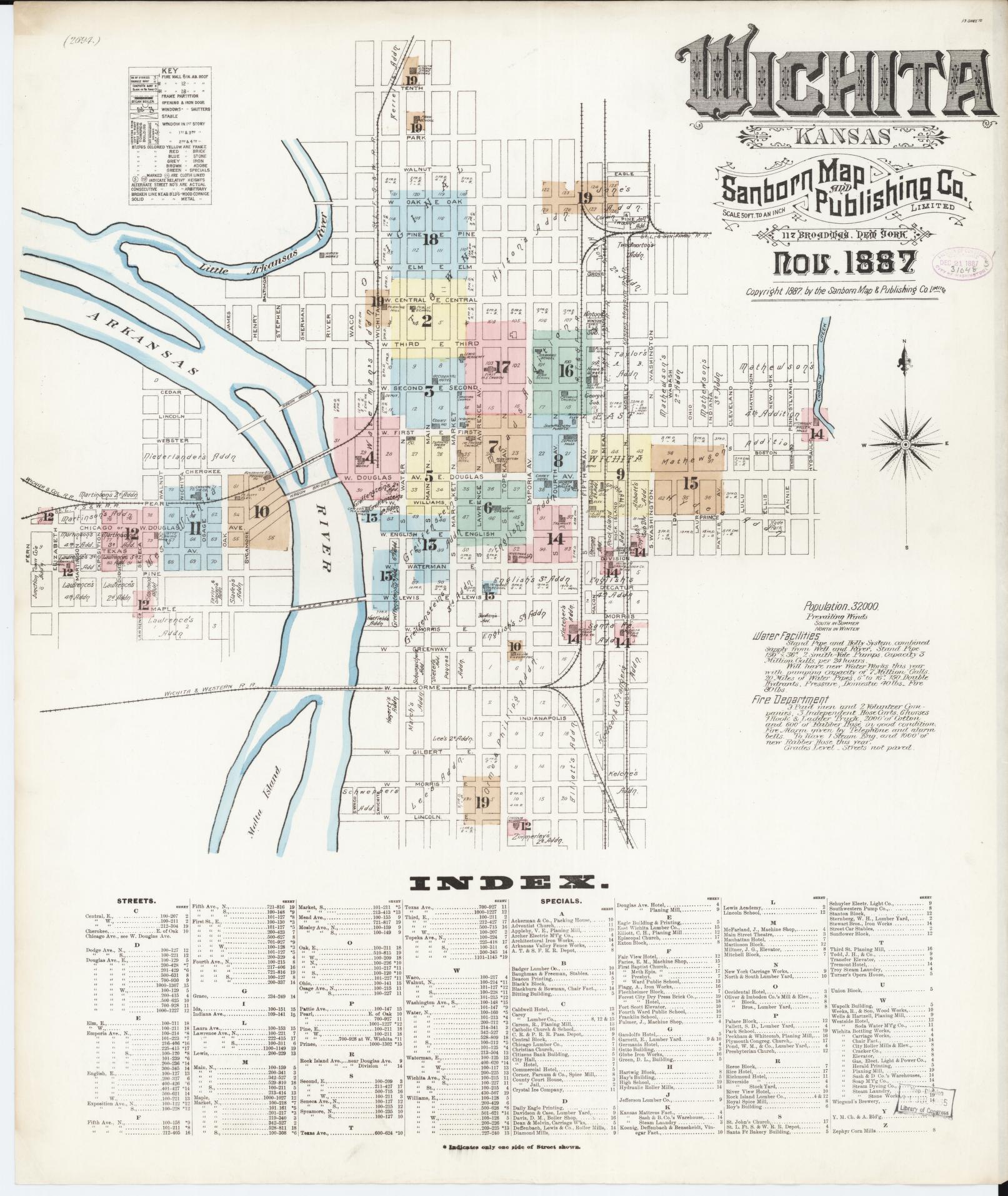 Sanborn Fire Insurance Map from Wichita, Sedgwick County, Kansas (1887), Sheet #0001 - Historic Sanborn Fire Insurance Map Print, vintage old map wall art, antique decor, genealogy gift, Kansas Kansas map