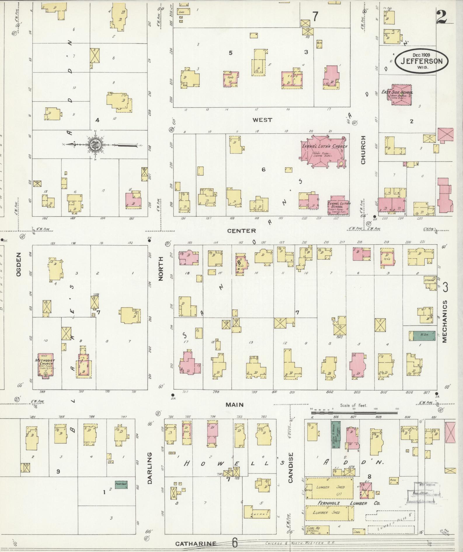 Sanborn Fire Insurance Map from Jefferson, Jefferson County, Wisconsin (1909), Sheet #0002 - Historic Sanborn Fire Insurance Map Print, vintage old map wall art, antique decor, genealogy gift, Wisconsin Wisconsin map