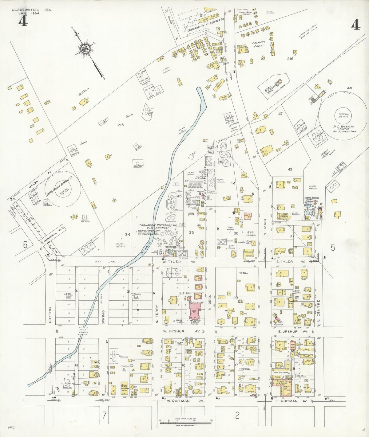 Sanborn Fire Insurance Map from Gladewater, Gregg County, Texas (1934), Sheet #0004 - Historic Sanborn Fire Insurance Map Print, vintage old map wall art, antique decor, genealogy gift, Texas Texas map