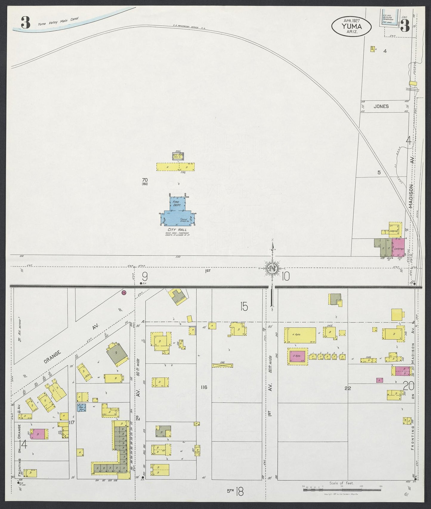 Sanborn Fire Insurance Map from Yuma, Yuma County, Arizona (1927), Sheet #0003 - Complete Map Set gallery image, historic Sanborn map, vintage wall art, Arizona Arizona