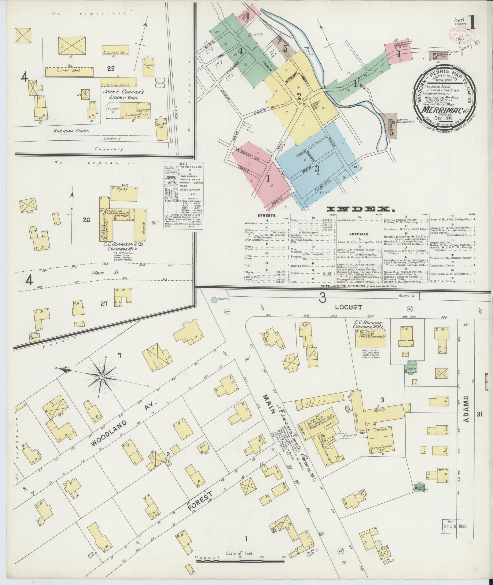 Sanborn Fire Insurance Map from Merrimac, Essex County, Massachusetts (1896), Sheet #0001 - Historic Sanborn Fire Insurance Map Print, vintage old map wall art, antique decor, genealogy gift, Massachusetts Massachusetts map