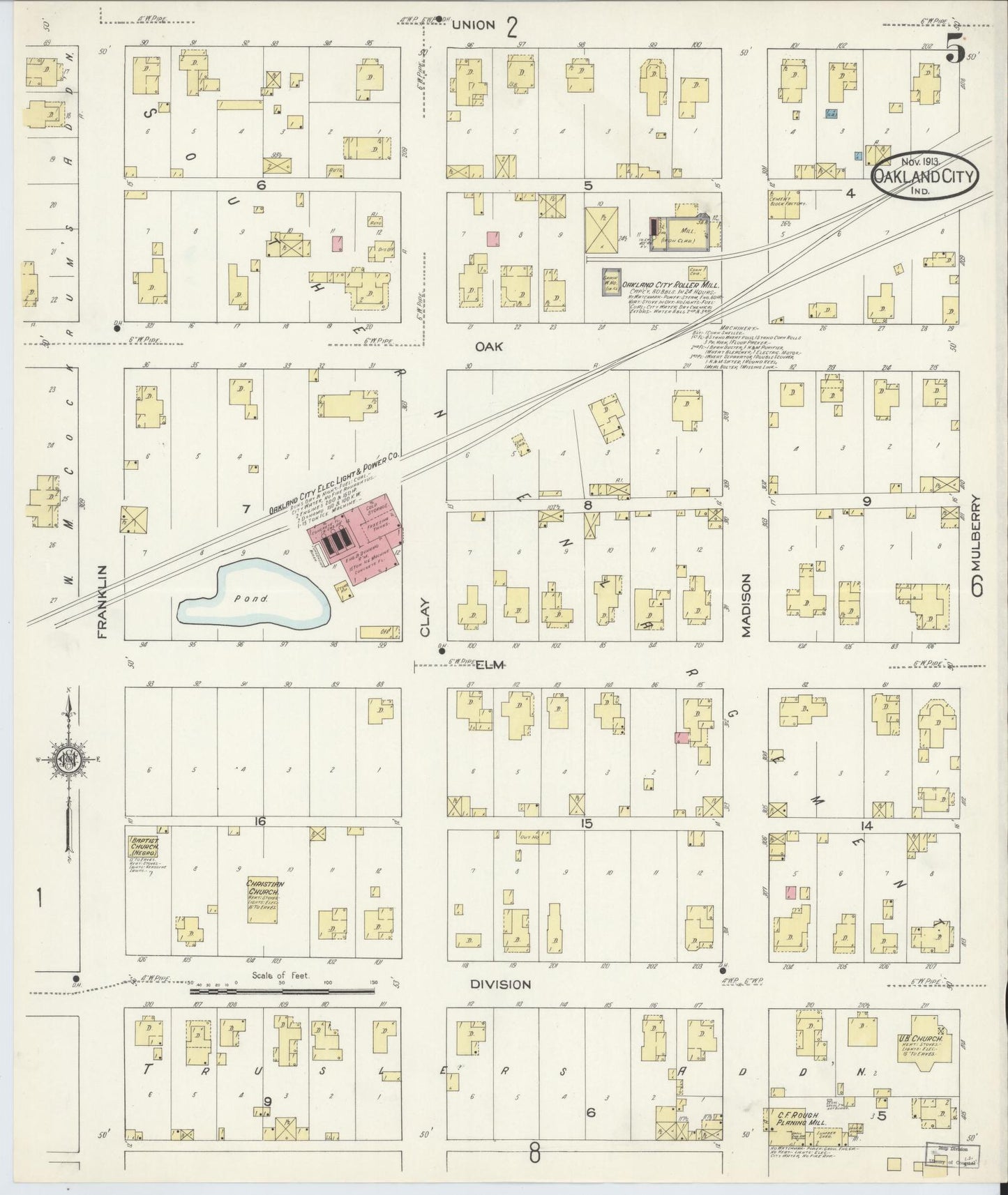 Sanborn Fire Insurance Map from Oakland City, Gibson County, Indiana (1913), Sheet #0005 - Complete Map Set gallery image, historic Sanborn map, vintage wall art, Indiana Indiana