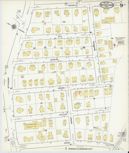 Sanborn Fire Insurance Map from Watertown, Middlesex County, Massachusetts (1916), Sheet #0009 - Complete Map Set gallery image, historic Sanborn map, vintage wall art, Massachusetts Massachusetts