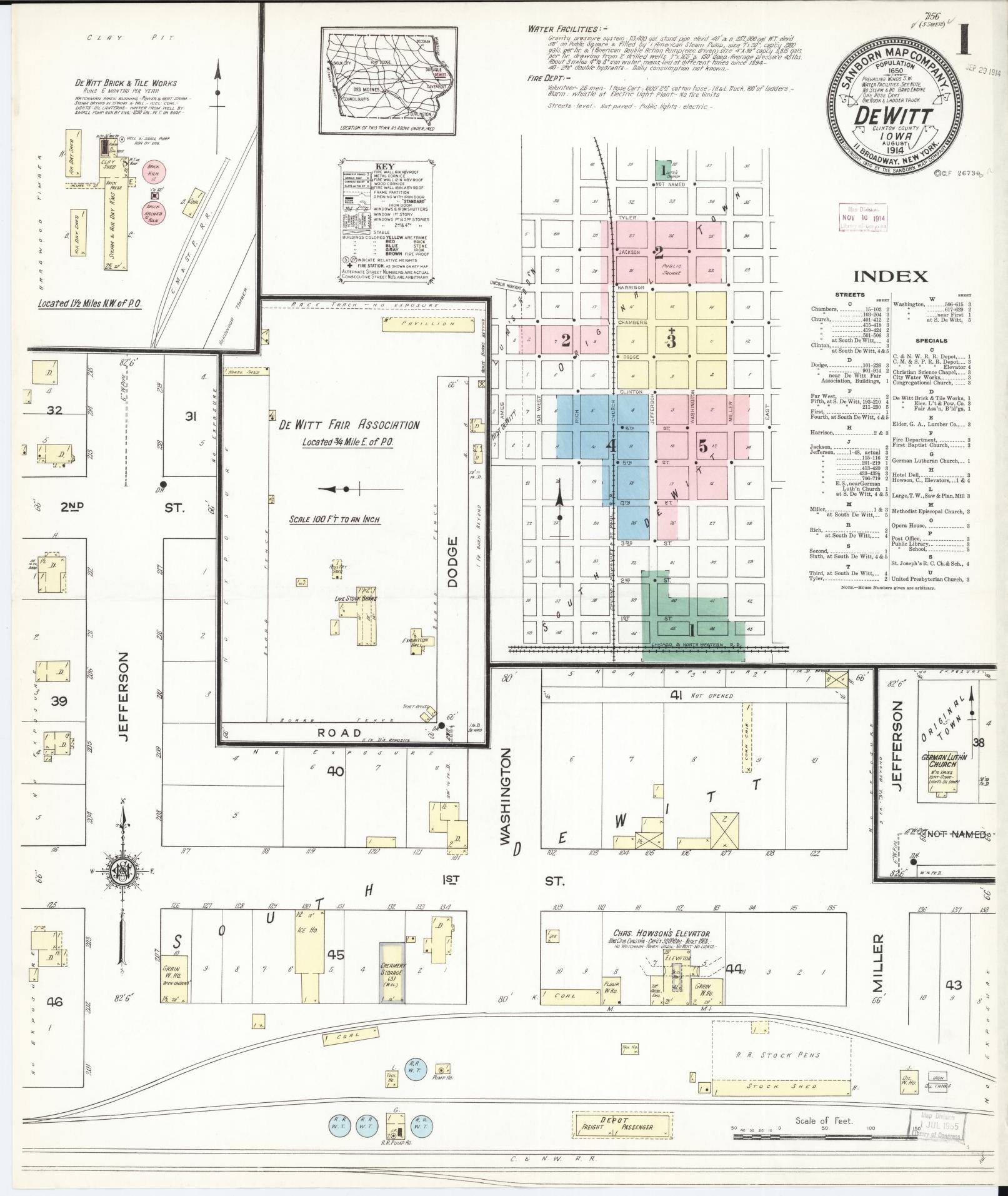 Sanborn Fire Insurance Map from De Witt, Clinton County, Iowa (1914), Sheet #0001 - Historic Sanborn Fire Insurance Map Print, vintage old map wall art