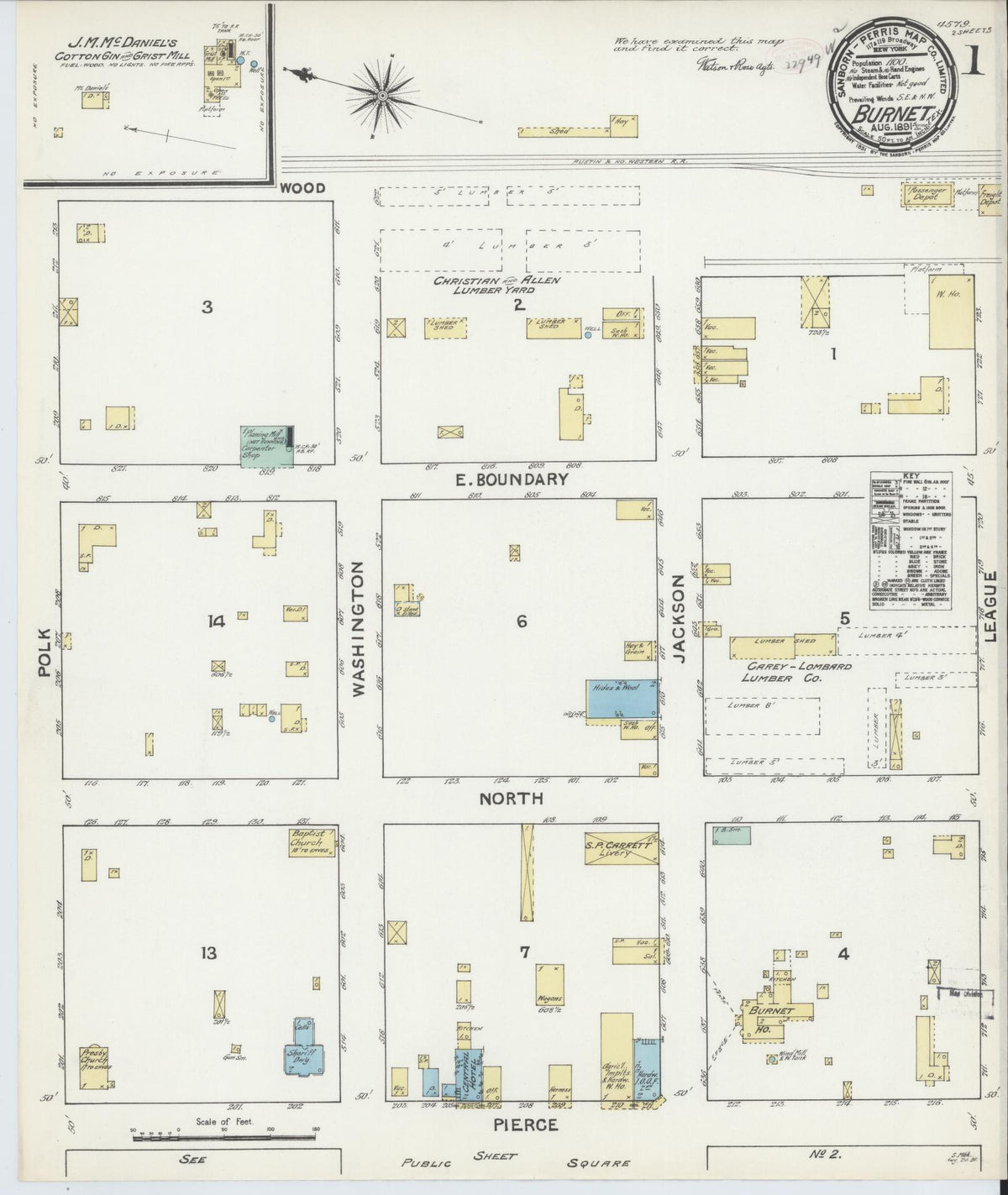 Sanborn Fire Insurance Map from Burnet, Burnet County, Texas (1891), Sheet #0001 - Historic Sanborn Fire Insurance Map Print, vintage old map wall art, antique decor, genealogy gift, Texas Texas map