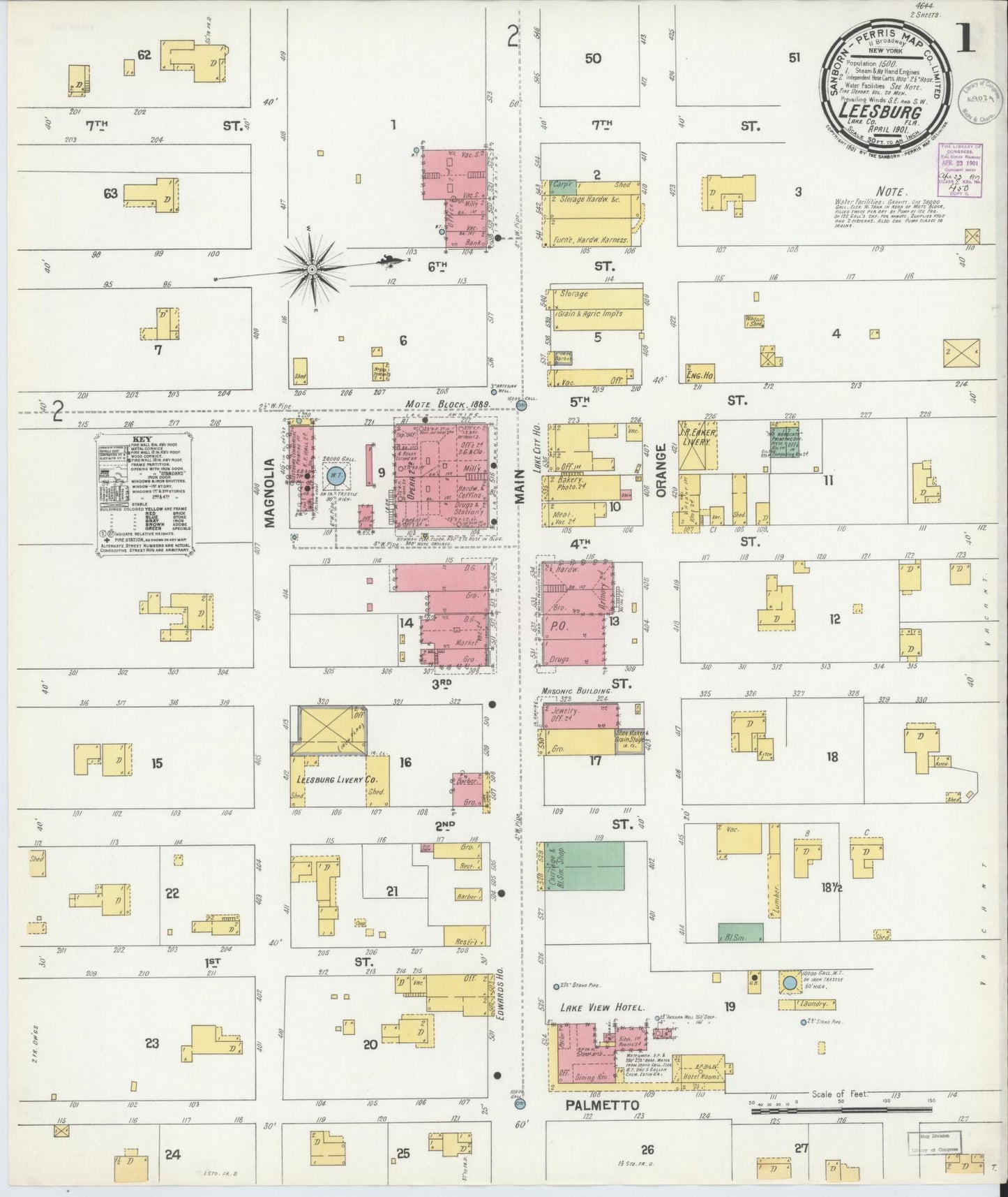 Sanborn Fire Insurance Map from Leesburg, Lake County, Florida (1901), Sheet #0001 - Historic Sanborn Fire Insurance Map Print, vintage old map wall art, antique decor, genealogy gift, Florida Florida map