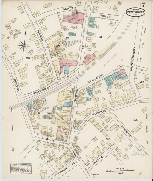 Sanborn Fire Insurance Map from Pawtucket, Providence County, Rhode Island (1884), Sheet #0007 - Historic Sanborn Fire Insurance Map Print, vintage old map wall art, antique decor, genealogy gift, Rhode Island Rhode Island map