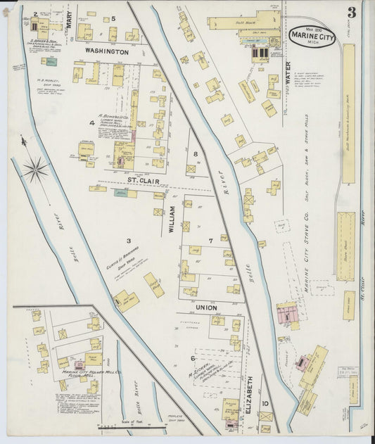 Sanborn Fire Insurance Map from Marine City, Saint Clair County, Michigan (1890), Sheet #0003 - Historic Sanborn Fire Insurance Map Print, vintage old map wall art, antique decor, genealogy gift, Michigan Michigan map