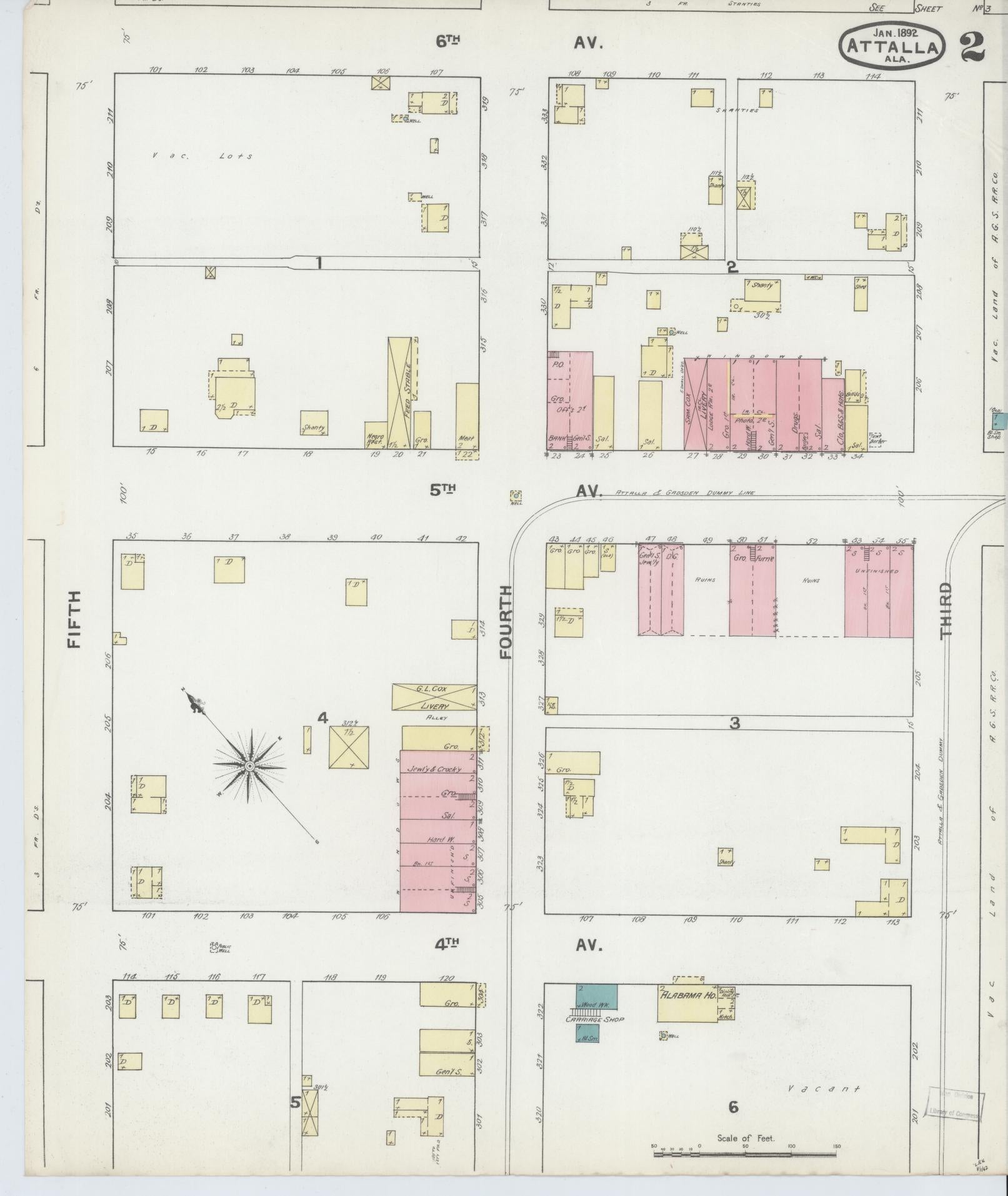Sanborn Fire Insurance Map from Attalla, Etowah County, Alabama (1892), Sheet #0002 - Complete Map Set gallery image, historic Sanborn map, vintage wall art, Alabama Alabama